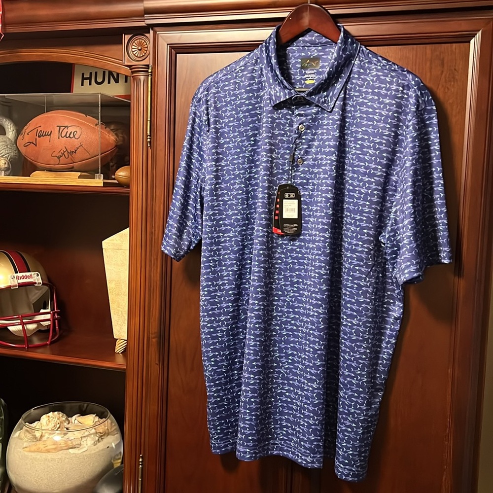 Brand New Greg Norman Golf Blue Sharks 🦈 Print Performance Stretch Fabric Polo! - Picture 6 of 12